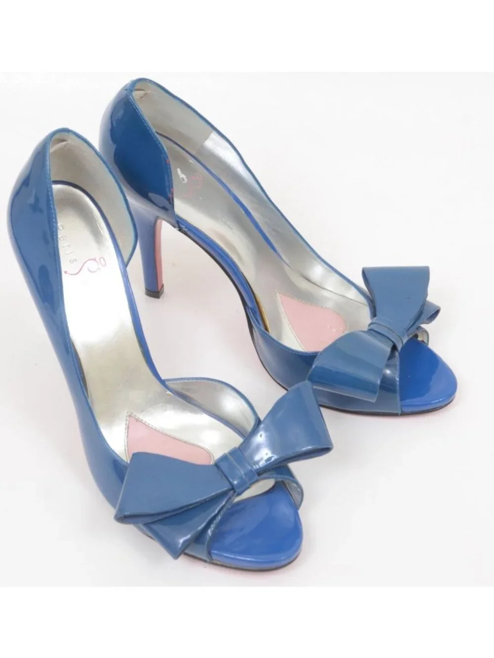 Paris Hilton Women’s 10M Blue Patent Leather Bow Open Toe Stiletto Heels PinUp